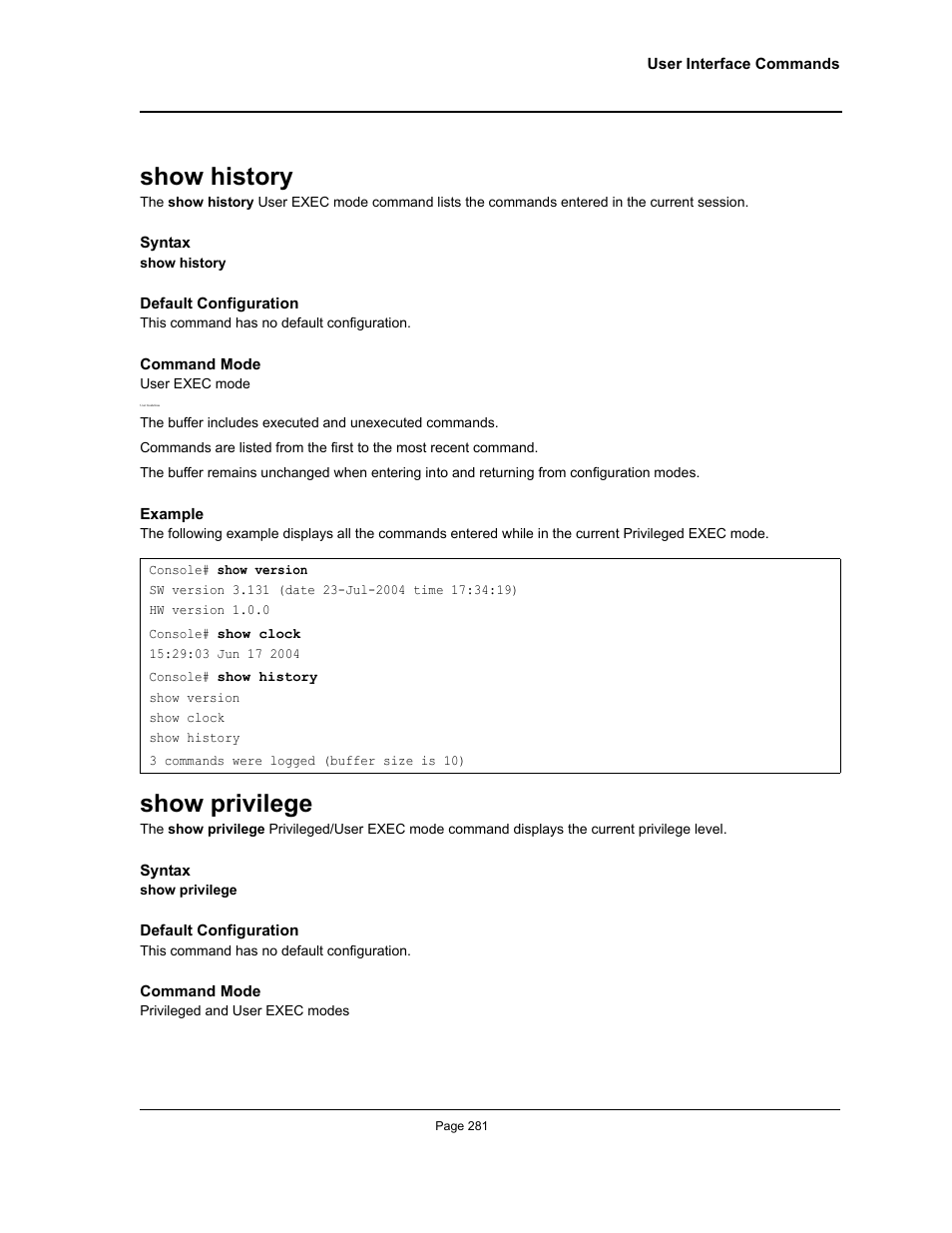 Show history, Show privilege, Show history show privilege | Allied Telesis AT-S95 CLI User Manual | Page 293 / 348