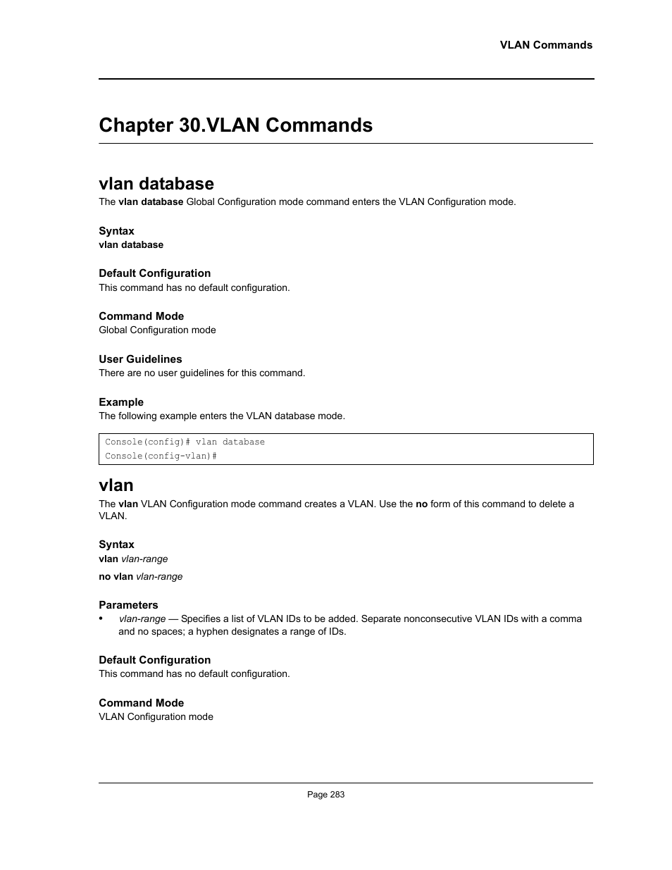 Chapter 30. vlan commands, Vlan database, Vlan | Chapter 30.vlan commands, Vlan database vlan, Chapter 30. "vlan commands" — enter th | Allied Telesis AT-S95 CLI User Manual | Page 295 / 348