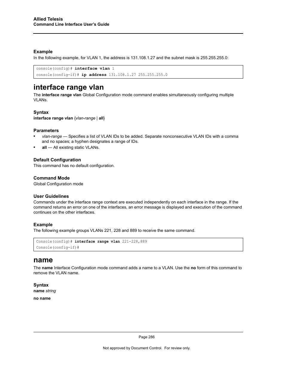 Interface range vlan, Name, Interface range vlan name | Allied Telesis AT-S95 CLI User Manual | Page 298 / 348