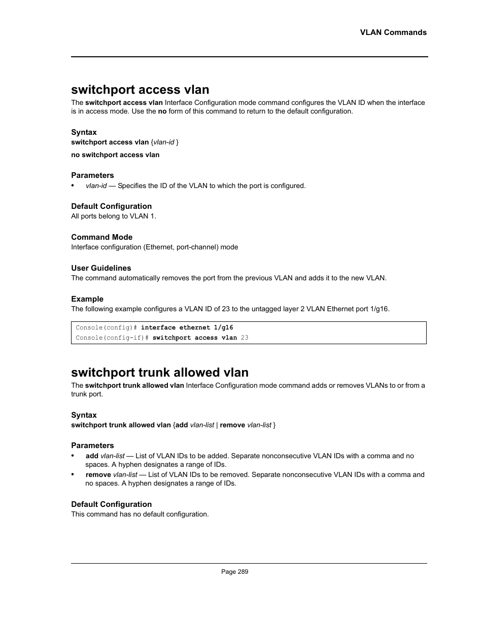 Switchport access vlan, Switchport trunk allowed vlan | Allied Telesis AT-S95 CLI User Manual | Page 301 / 348