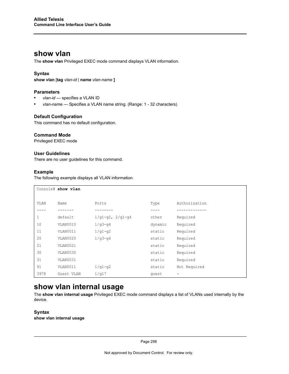 Show vlan, Show vlan internal usage, Show vlan show vlan internal usage | Allied Telesis AT-S95 CLI User Manual | Page 310 / 348