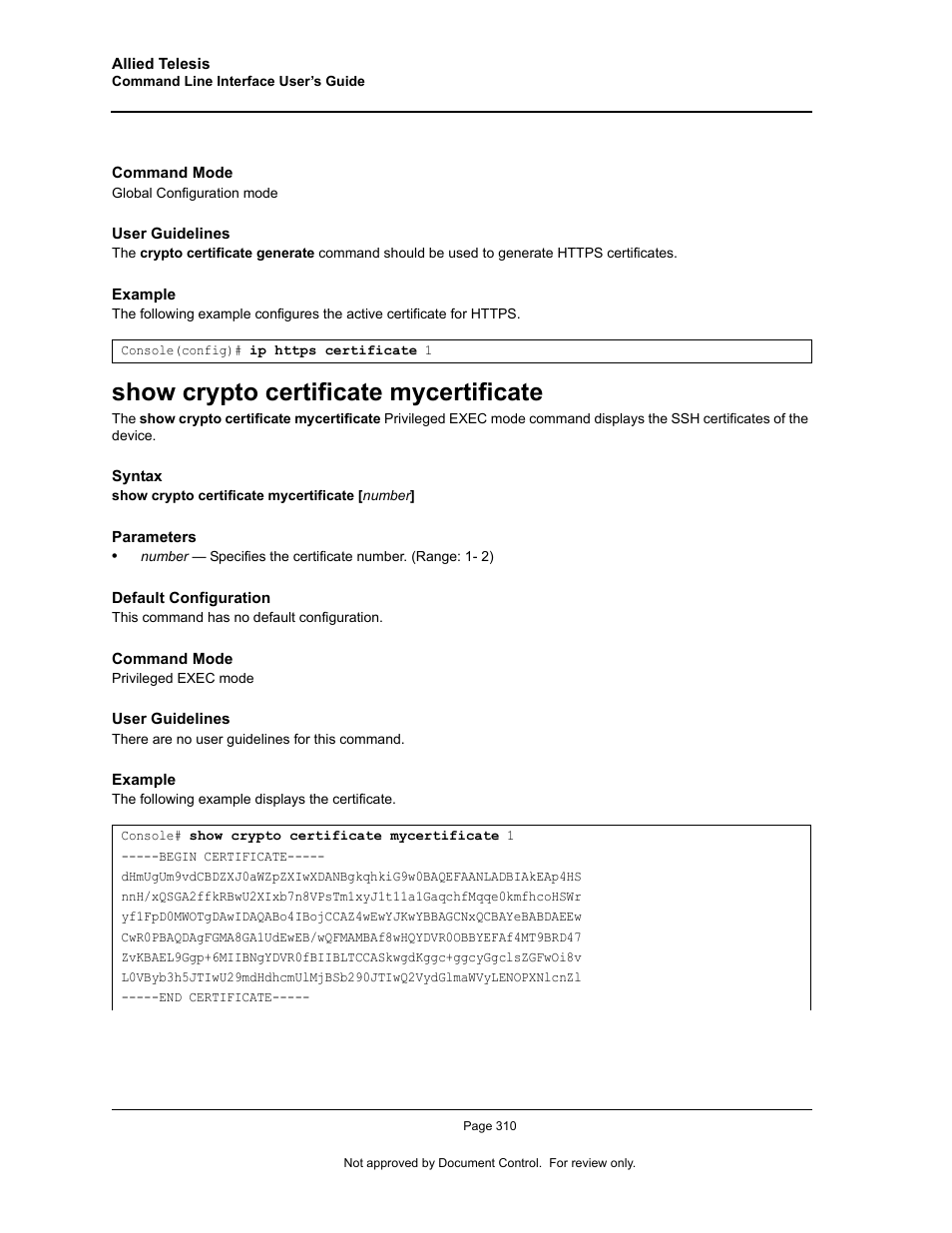 Show crypto certificate mycertificate | Allied Telesis AT-S95 CLI User Manual | Page 322 / 348