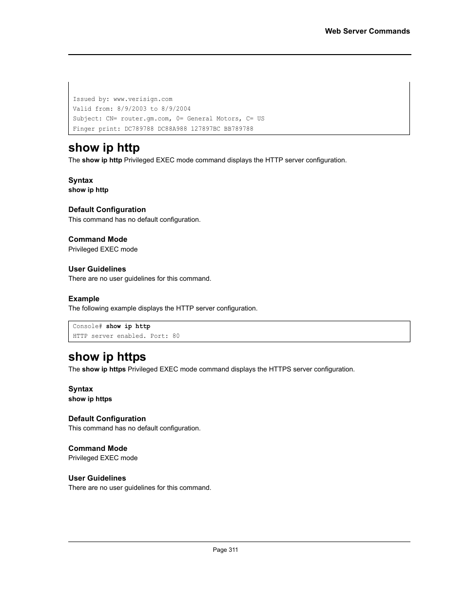 Show ip http, Show ip https, Show ip http show ip https | Allied Telesis AT-S95 CLI User Manual | Page 323 / 348