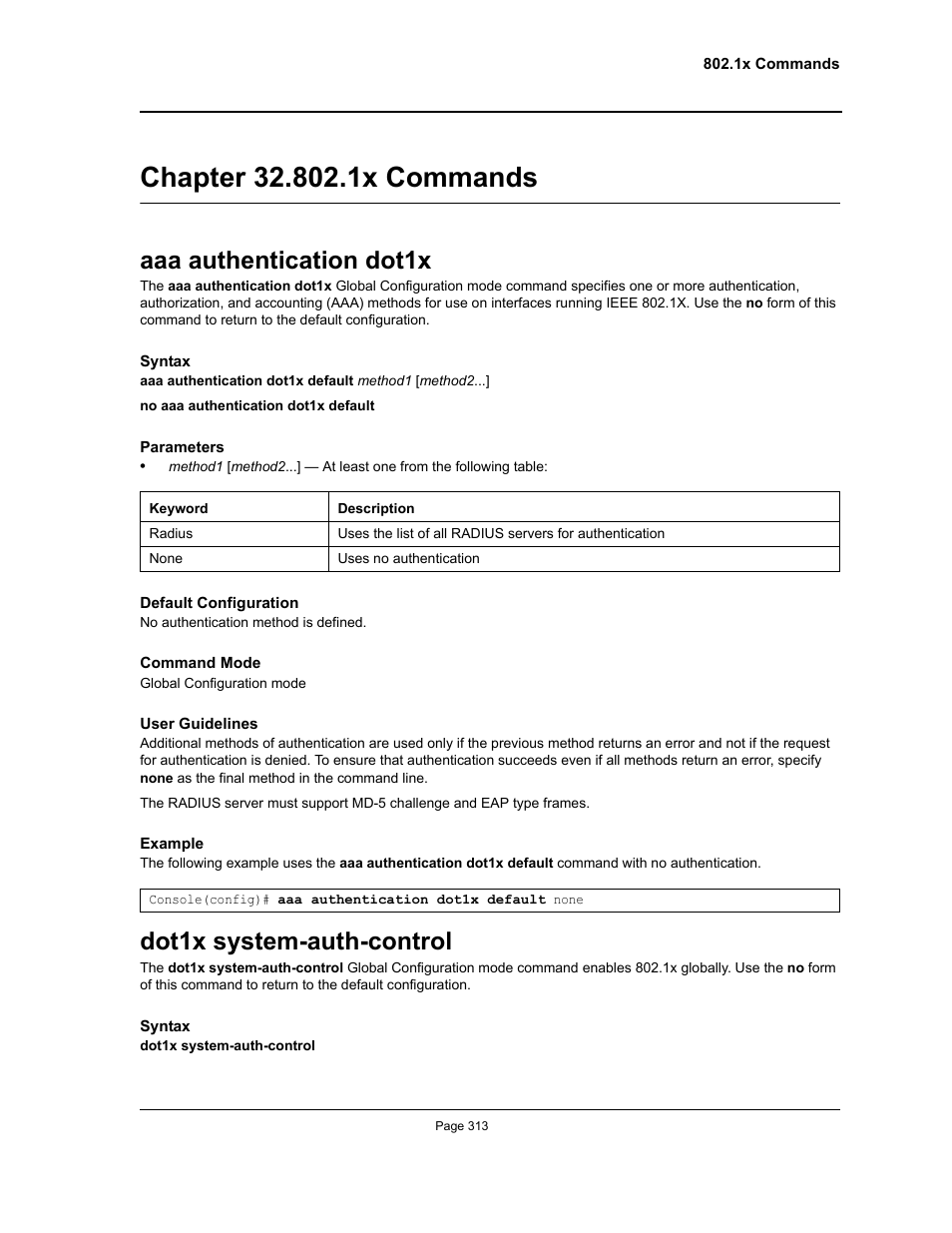 Chapter 32. 802.1x commands, Aaa authentication dot1x, Dot1x system-auth-control | Chapter 32.802.1x commands, Aaa authentication dot1x dot1x system-auth-control, Chapter 32. "802.1x commands | Allied Telesis AT-S95 CLI User Manual | Page 325 / 348