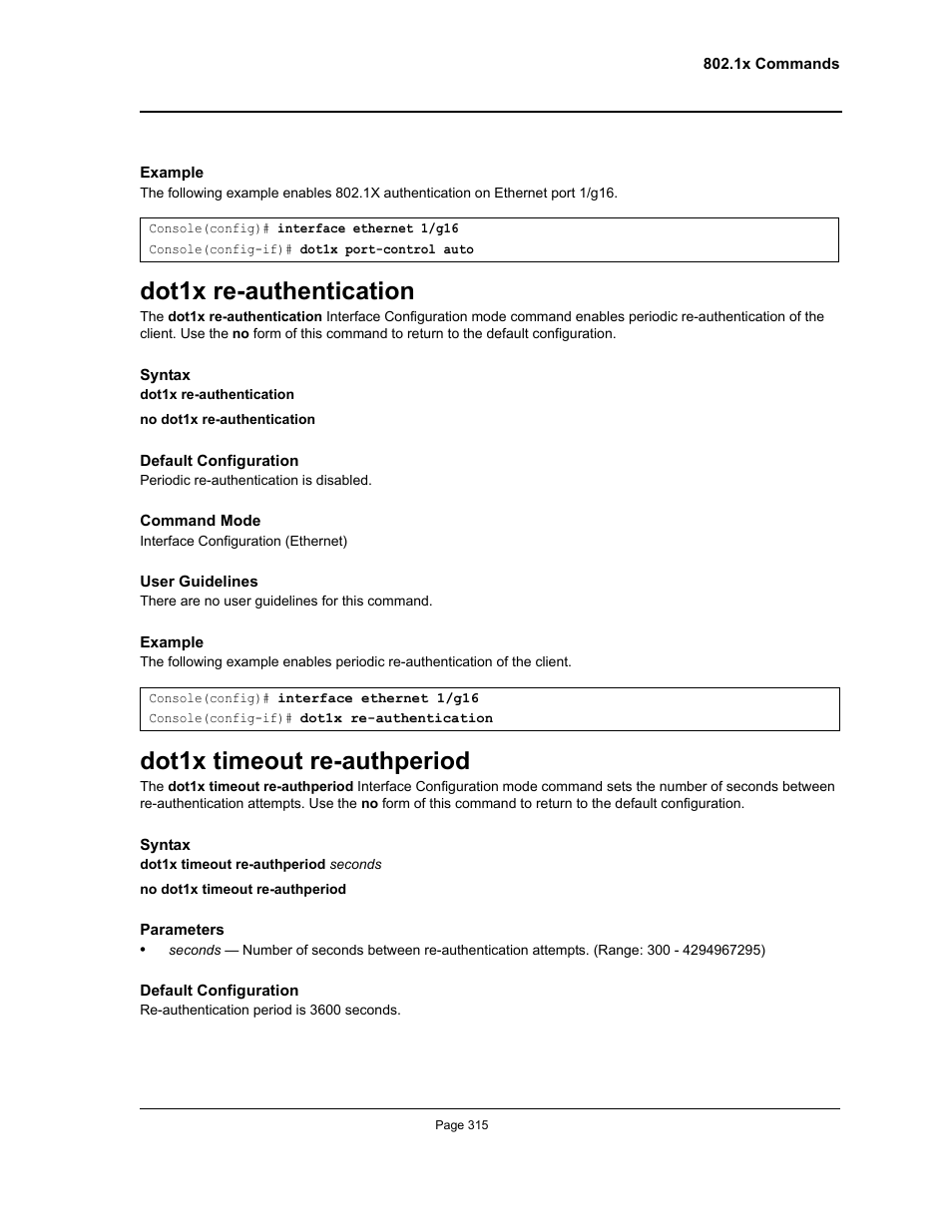 Dot1x re-authentication, Dot1x timeout re-authperiod | Allied Telesis AT-S95 CLI User Manual | Page 327 / 348