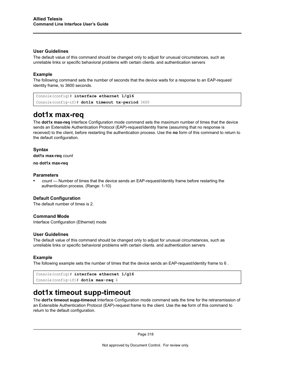 Dot1x max-req, Dot1x timeout supp-timeout, Dot1x max-req dot1x timeout supp-timeout | Allied Telesis AT-S95 CLI User Manual | Page 330 / 348