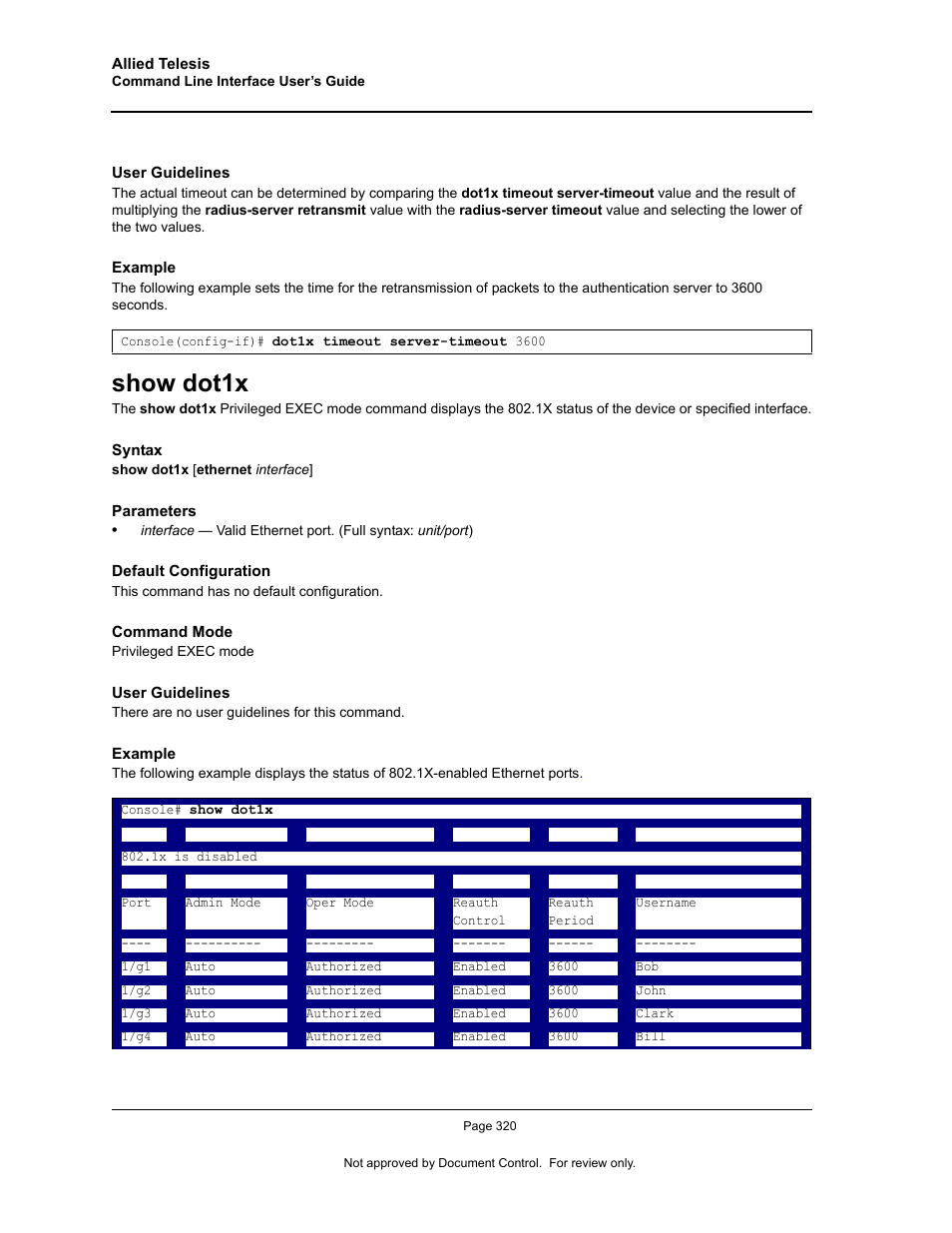 Show dot1x | Allied Telesis AT-S95 CLI User Manual | Page 332 / 348