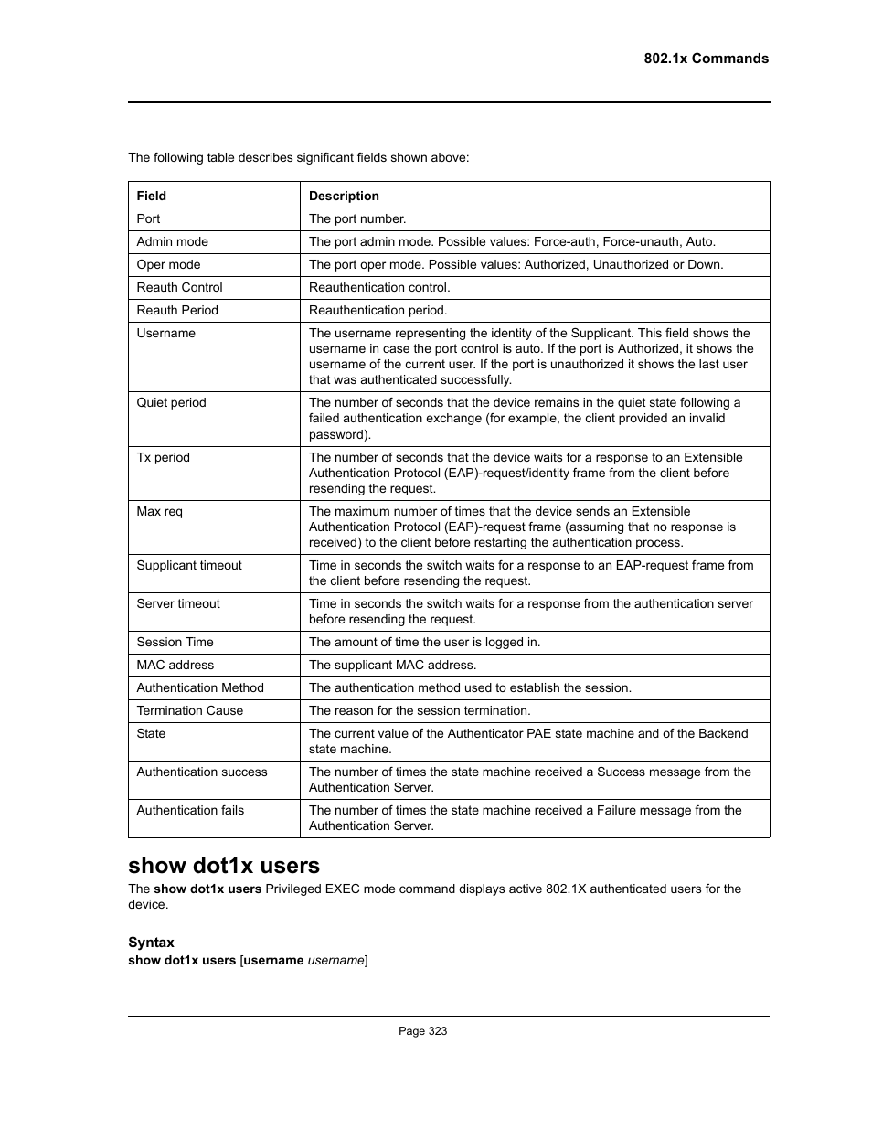 Show dot1x users | Allied Telesis AT-S95 CLI User Manual | Page 335 / 348