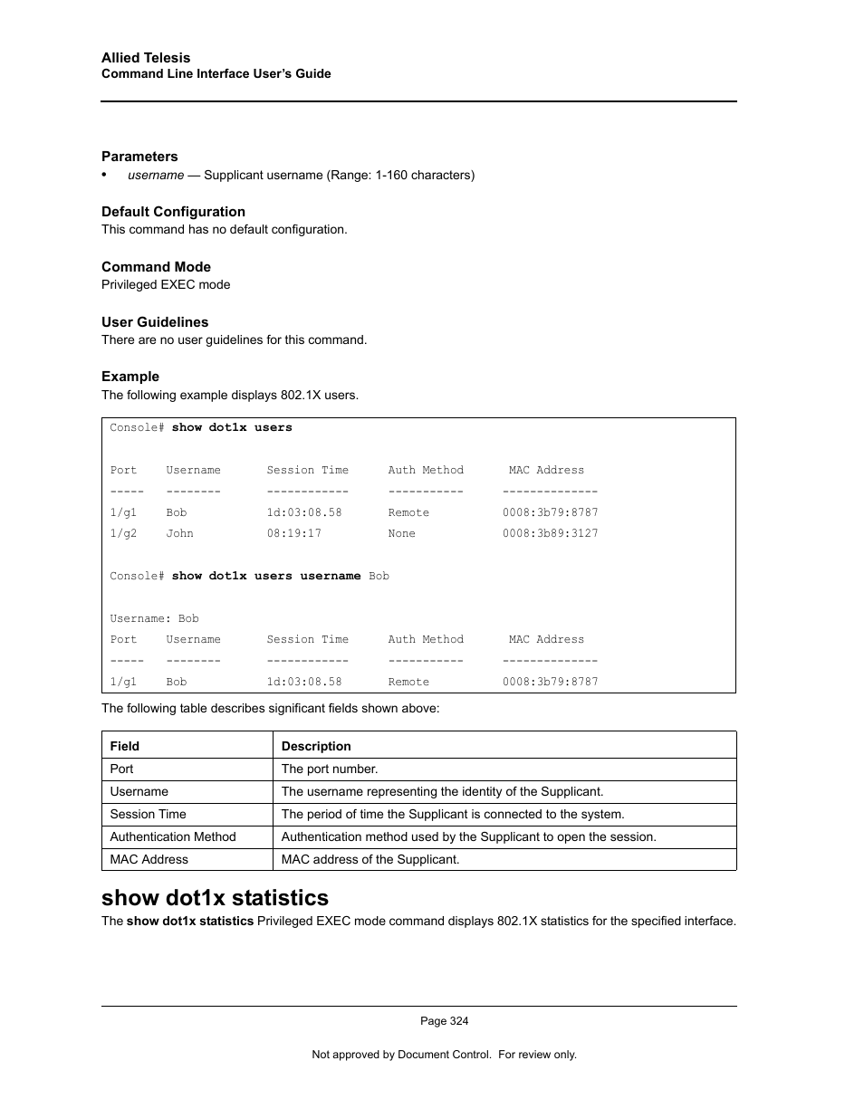 Show dot1x statistics | Allied Telesis AT-S95 CLI User Manual | Page 336 / 348