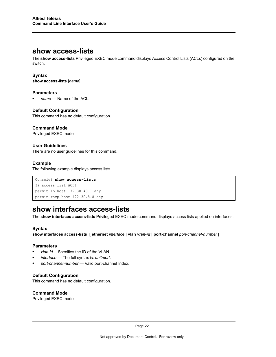 Show access-lists, Show interfaces access-lists, Show access-lists show interfaces access-lists | Allied Telesis AT-S95 CLI User Manual | Page 34 / 348