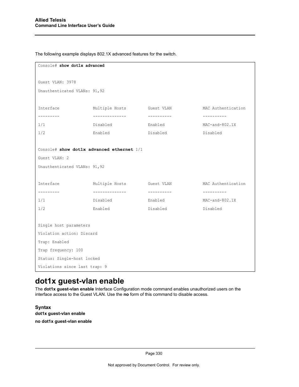 Dot1x guest-vlan enable | Allied Telesis AT-S95 CLI User Manual | Page 342 / 348