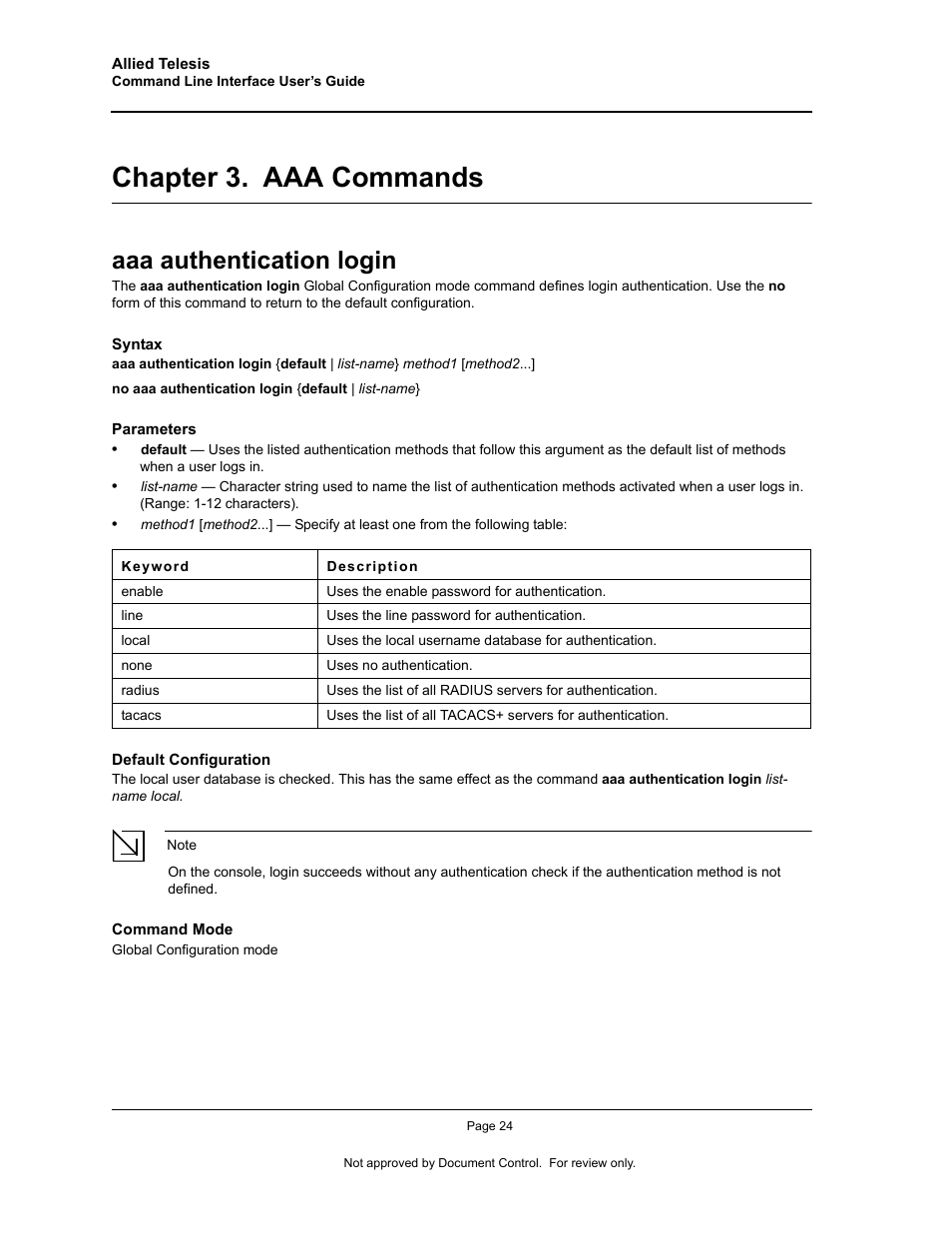 Chapter 3. aaa commands, Aaa authentication login, Chapter 3.aaa commands | Chapter 3. "aaa commands | Allied Telesis AT-S95 CLI User Manual | Page 36 / 348