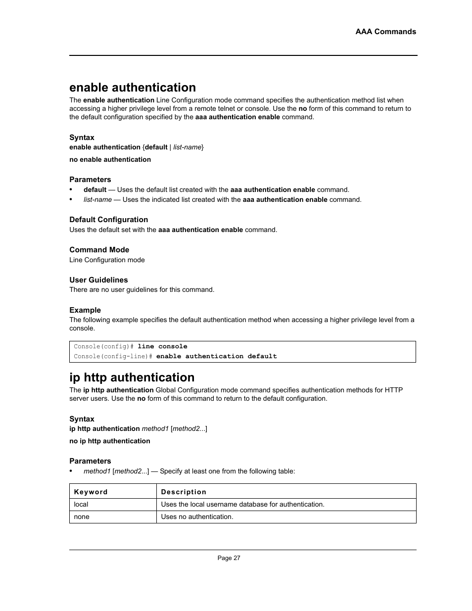 Enable authentication, Ip http authentication, Enable authentication ip http authentication | Allied Telesis AT-S95 CLI User Manual | Page 39 / 348