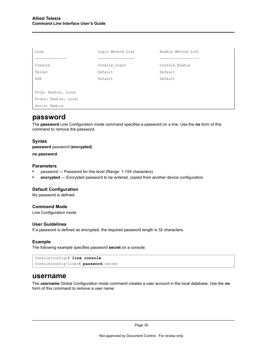 Password, Username, Password username | Allied Telesis AT-S95 CLI User Manual | Page 42 / 348