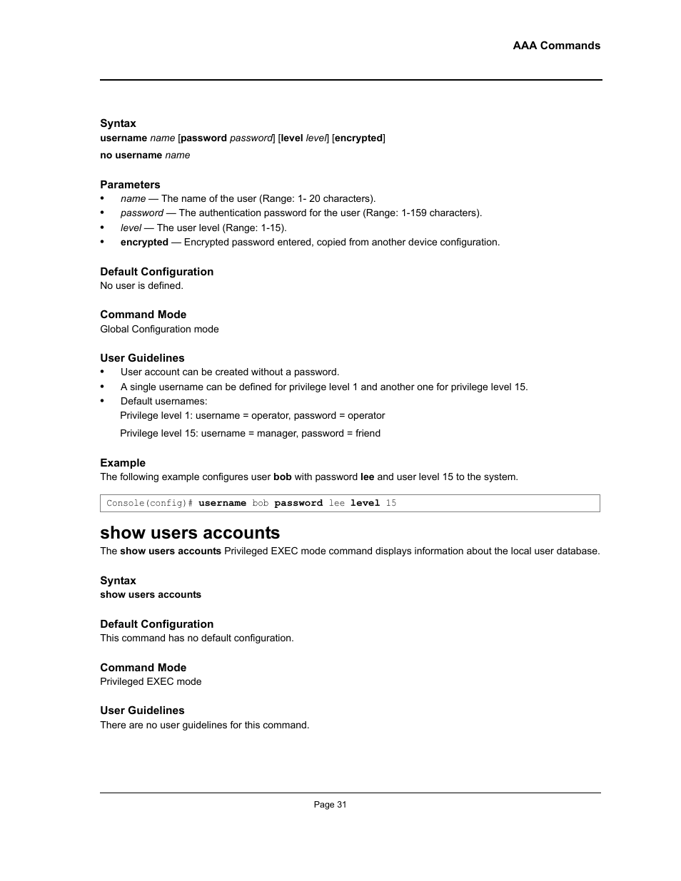 Show users accounts | Allied Telesis AT-S95 CLI User Manual | Page 43 / 348