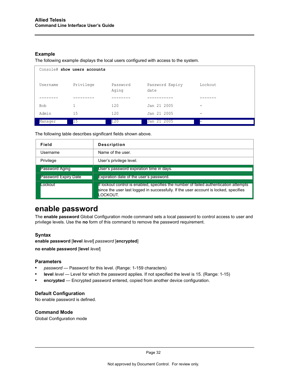 Enable password | Allied Telesis AT-S95 CLI User Manual | Page 44 / 348