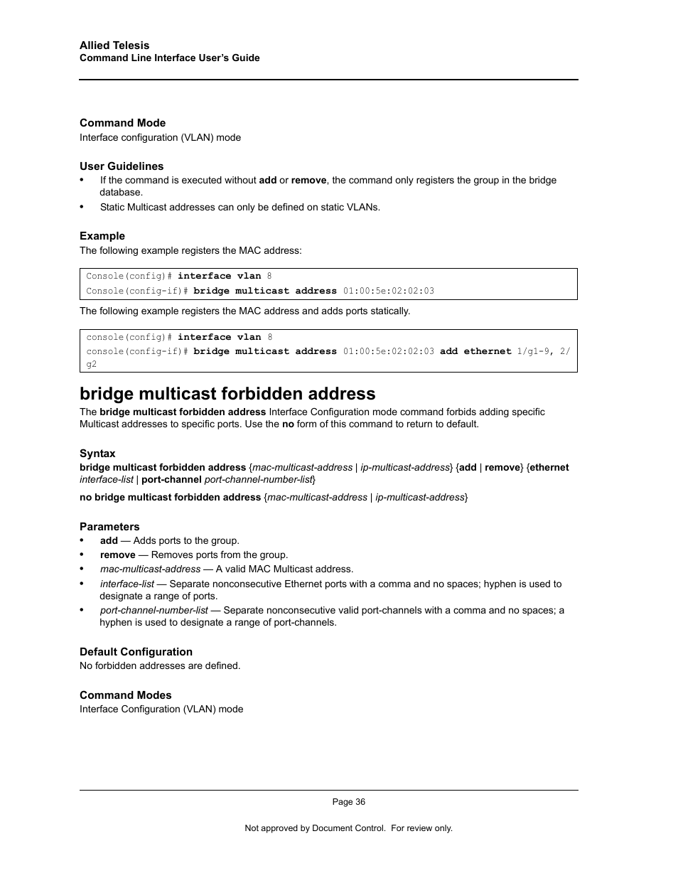 Bridge multicast forbidden address | Allied Telesis AT-S95 CLI User Manual | Page 48 / 348