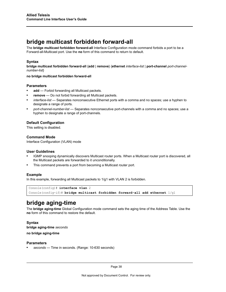 Bridge multicast forbidden forward-all, Bridge aging-time | Allied Telesis AT-S95 CLI User Manual | Page 50 / 348
