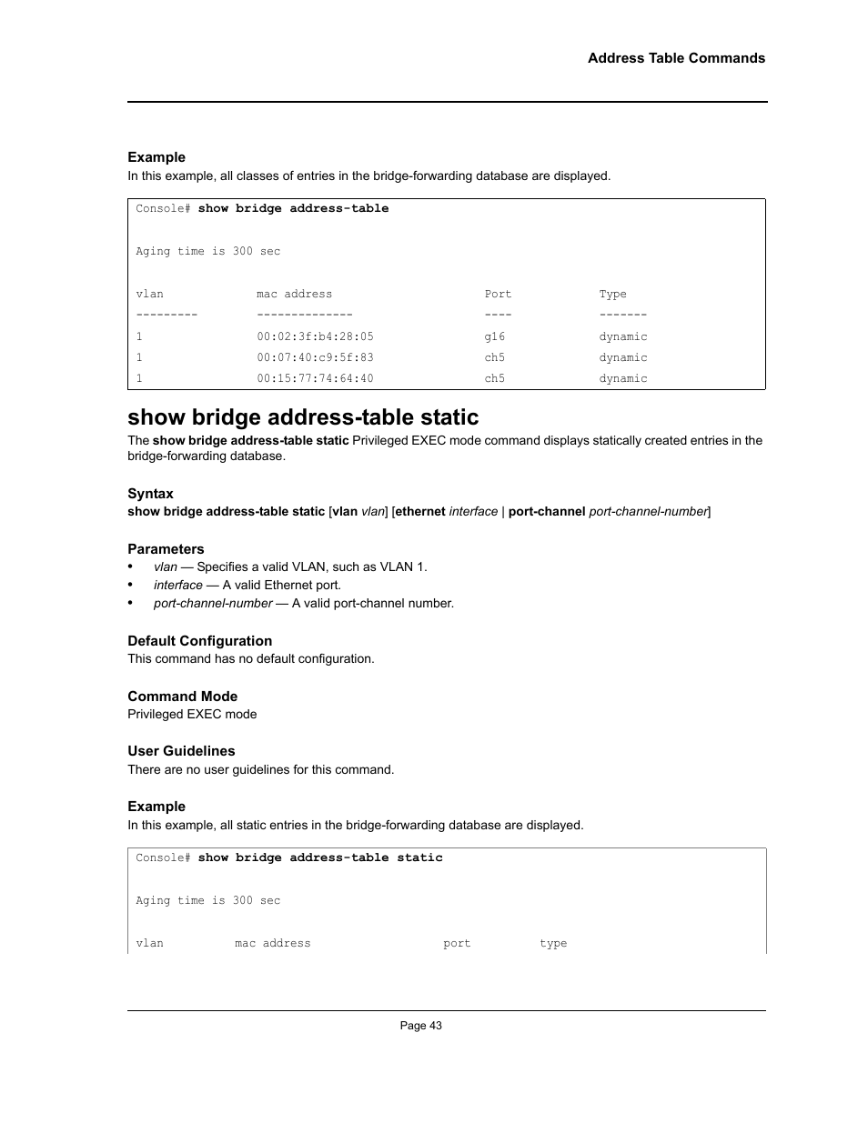 Show bridge address-table static | Allied Telesis AT-S95 CLI User Manual | Page 55 / 348