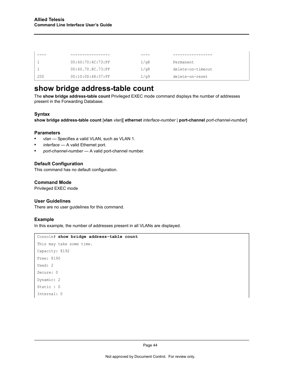 Show bridge address-table count | Allied Telesis AT-S95 CLI User Manual | Page 56 / 348