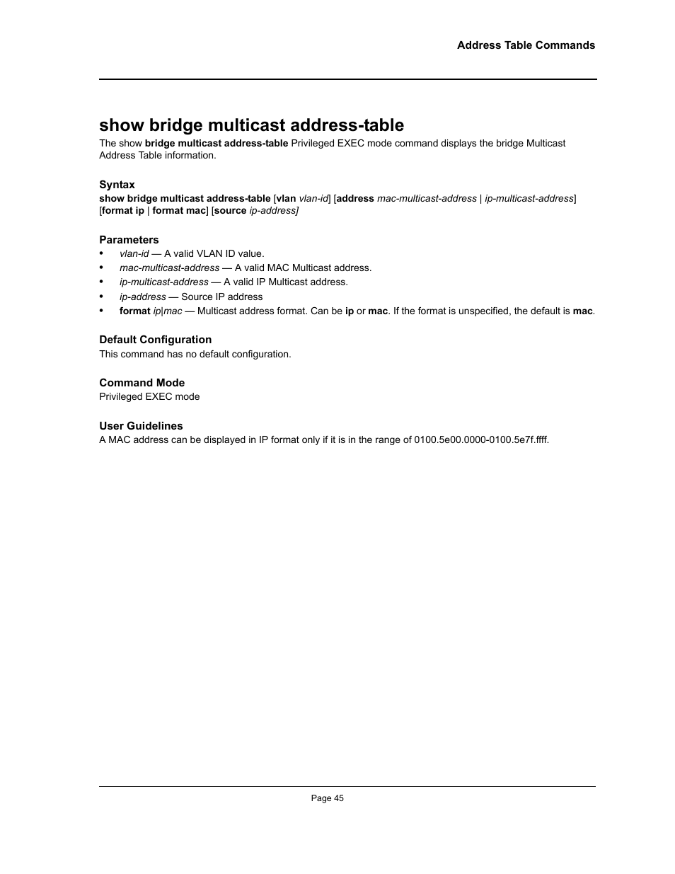 Show bridge multicast address-table | Allied Telesis AT-S95 CLI User Manual | Page 57 / 348