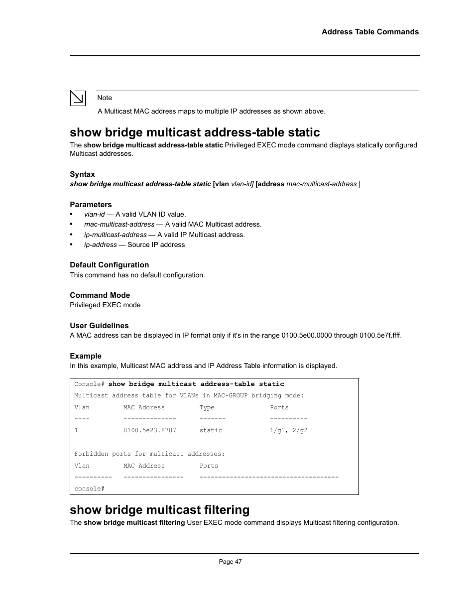 Show bridge multicast address-table static, Show bridge multicast filtering | Allied Telesis AT-S95 CLI User Manual | Page 59 / 348