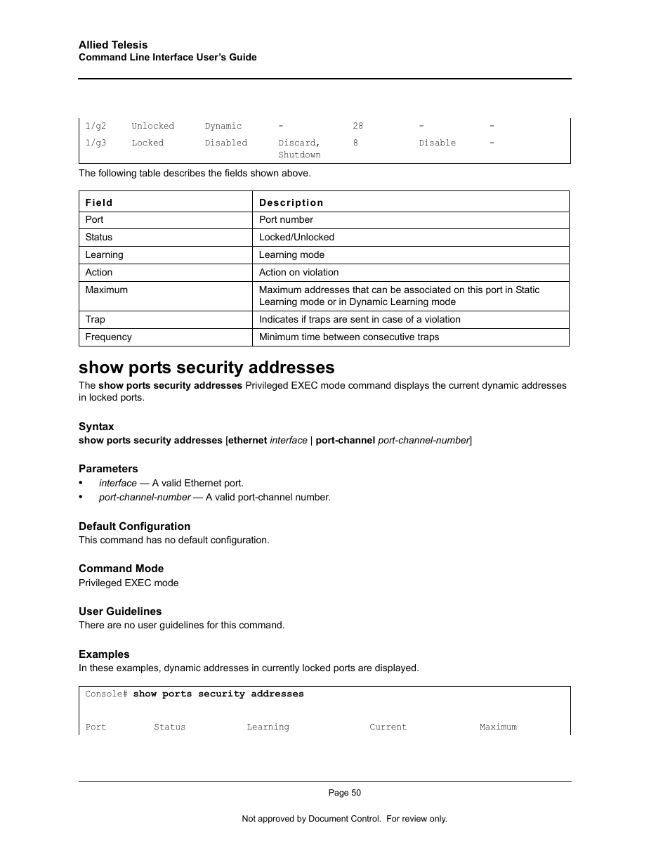 Show ports security addresses | Allied Telesis AT-S95 CLI User Manual | Page 62 / 348