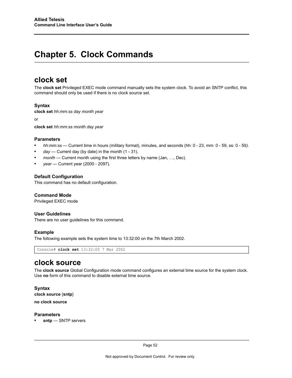 Chapter 5. clock commands, Clock set, Clock source | Chapter 5.clock commands, Clock set clock source, Chapter 5. "clock commands | Allied Telesis AT-S95 CLI User Manual | Page 64 / 348