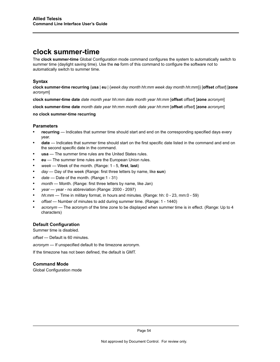 Clock summer-time | Allied Telesis AT-S95 CLI User Manual | Page 66 / 348