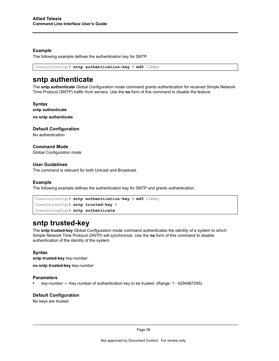 Sntp authenticate, Sntp trusted-key, Sntp authenticate sntp trusted-key | Allied Telesis AT-S95 CLI User Manual | Page 68 / 348