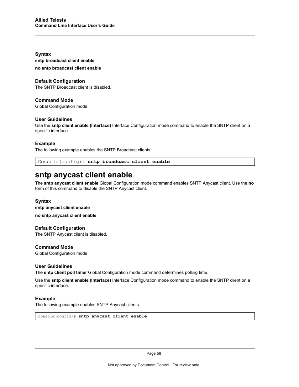 Sntp anycast client enable | Allied Telesis AT-S95 CLI User Manual | Page 70 / 348