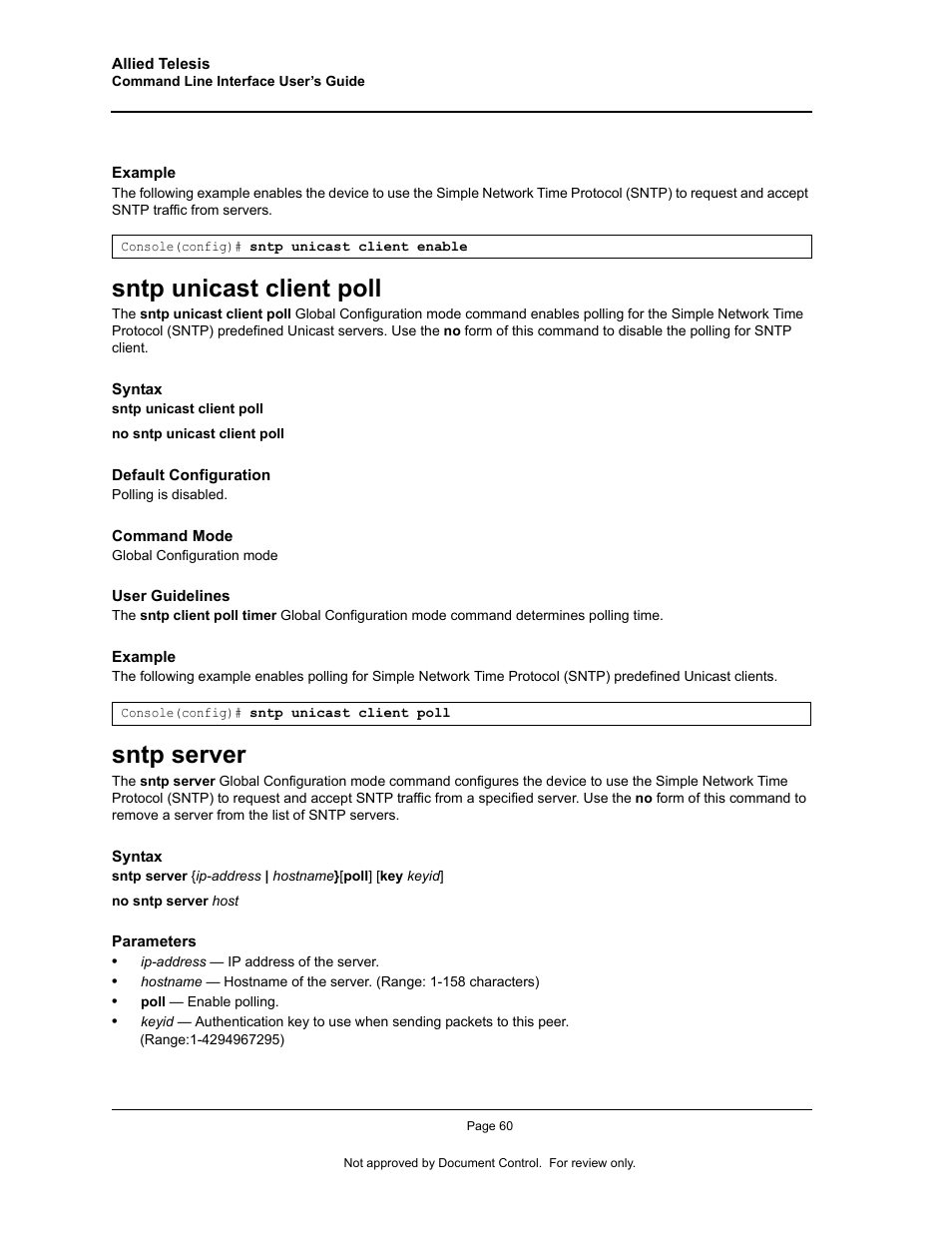 Sntp unicast client poll, Sntp server, Sntp unicast client poll sntp server | Allied Telesis AT-S95 CLI User Manual | Page 72 / 348
