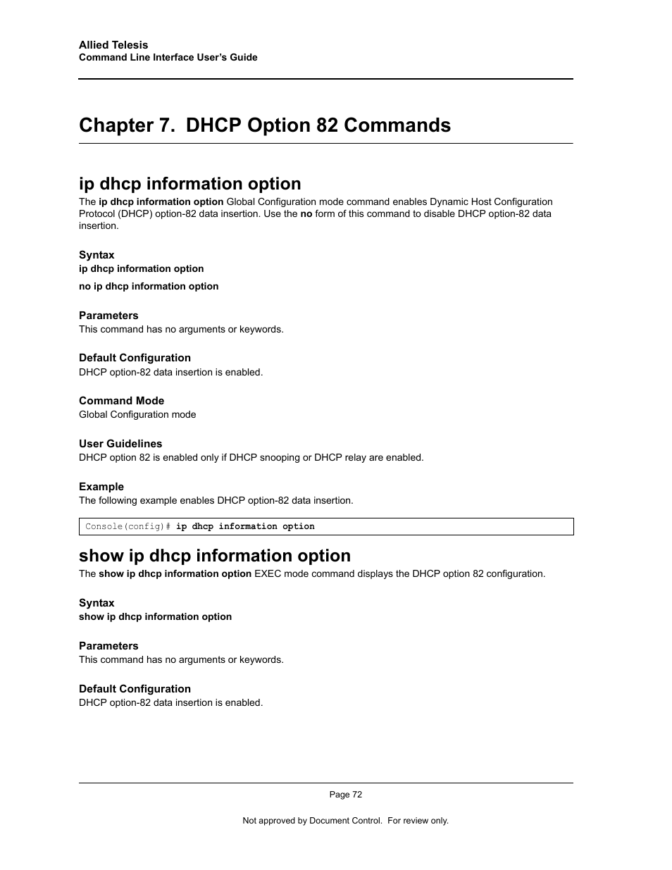 Chapter 7. dhcp option 82 commands, Ip dhcp information option, Show ip dhcp information option | Chapter 7.dhcp option 82 commands, Chapter 7. "dhcp option 82 commands | Allied Telesis AT-S95 CLI User Manual | Page 84 / 348