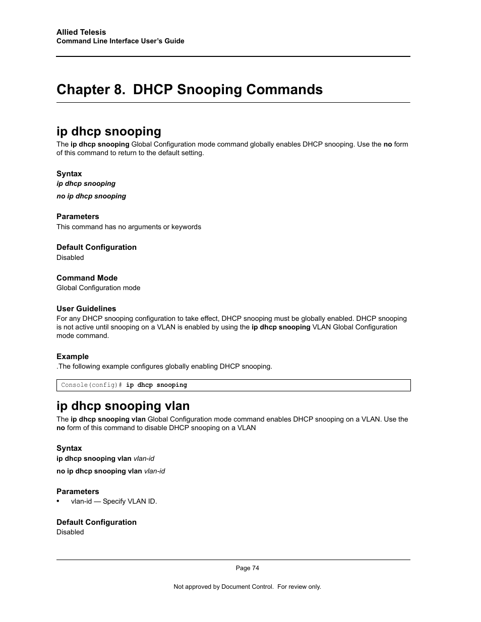 Chapter 8. dhcp snooping commands, Ip dhcp snooping, Ip dhcp snooping vlan | Chapter 8.dhcp snooping commands, Ip dhcp snooping ip dhcp snooping vlan, Chapter 8. "dhcp snooping commands | Allied Telesis AT-S95 CLI User Manual | Page 86 / 348