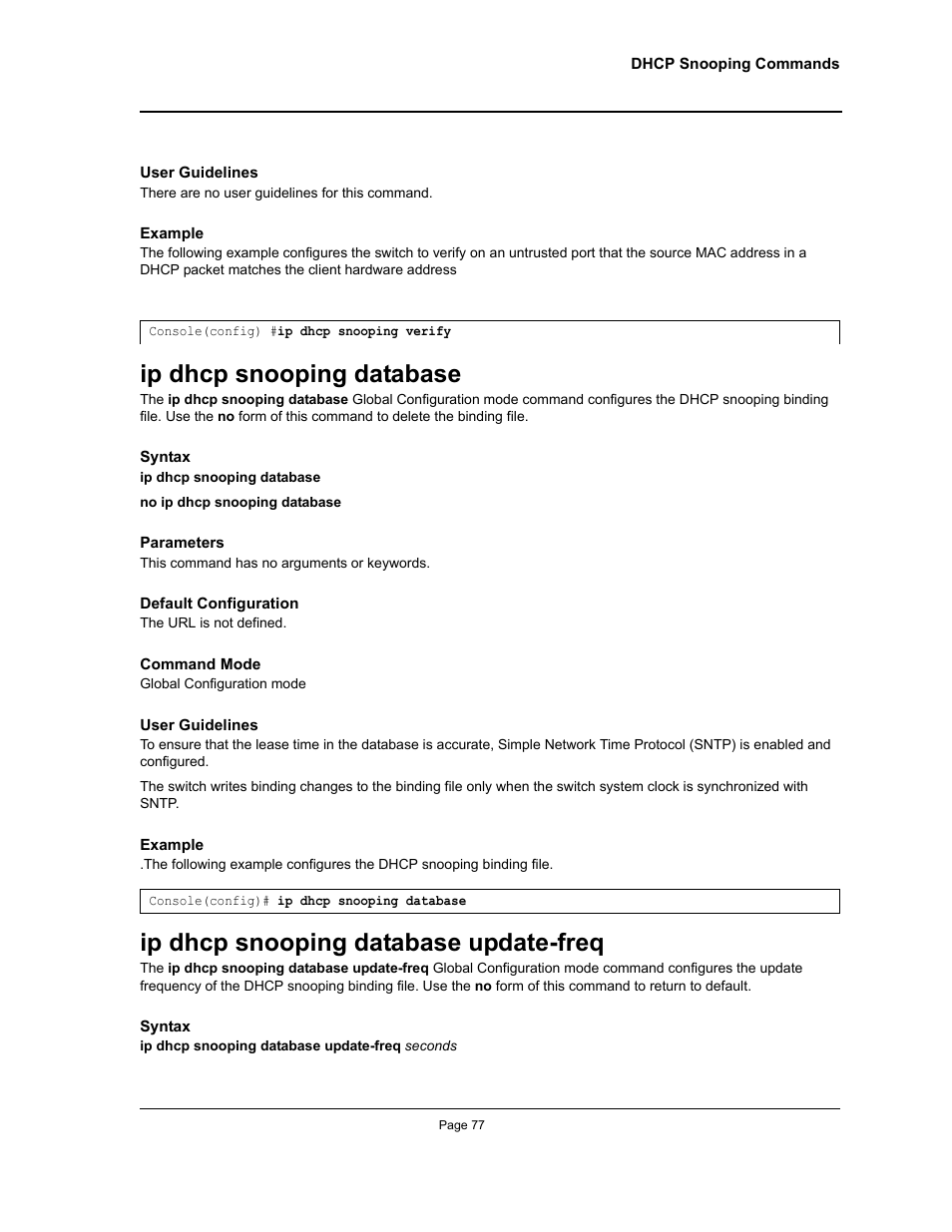 Ip dhcp snooping database, Ip dhcp snooping database update-freq | Allied Telesis AT-S95 CLI User Manual | Page 89 / 348