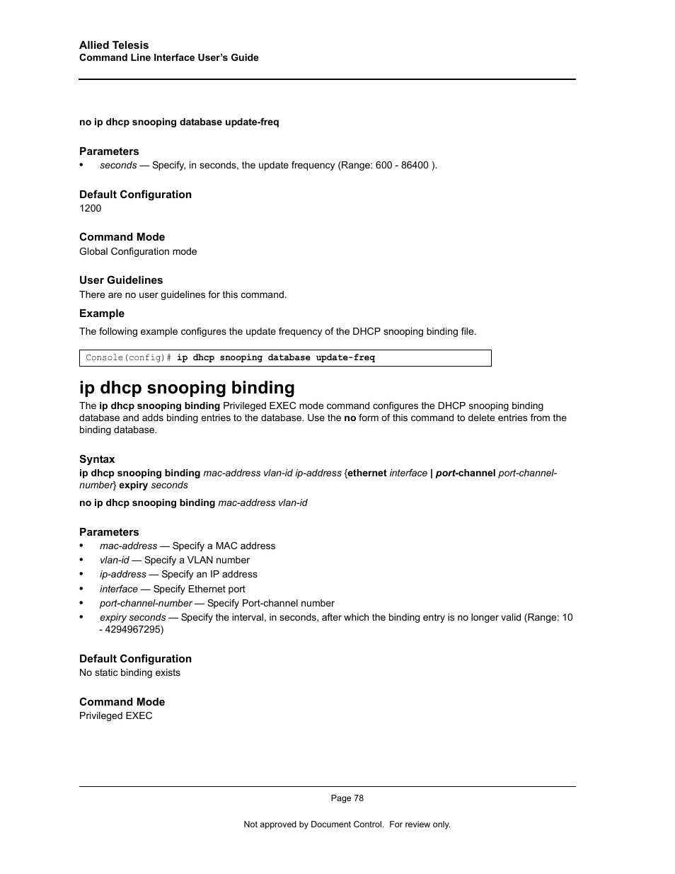 Ip dhcp snooping binding | Allied Telesis AT-S95 CLI User Manual | Page 90 / 348