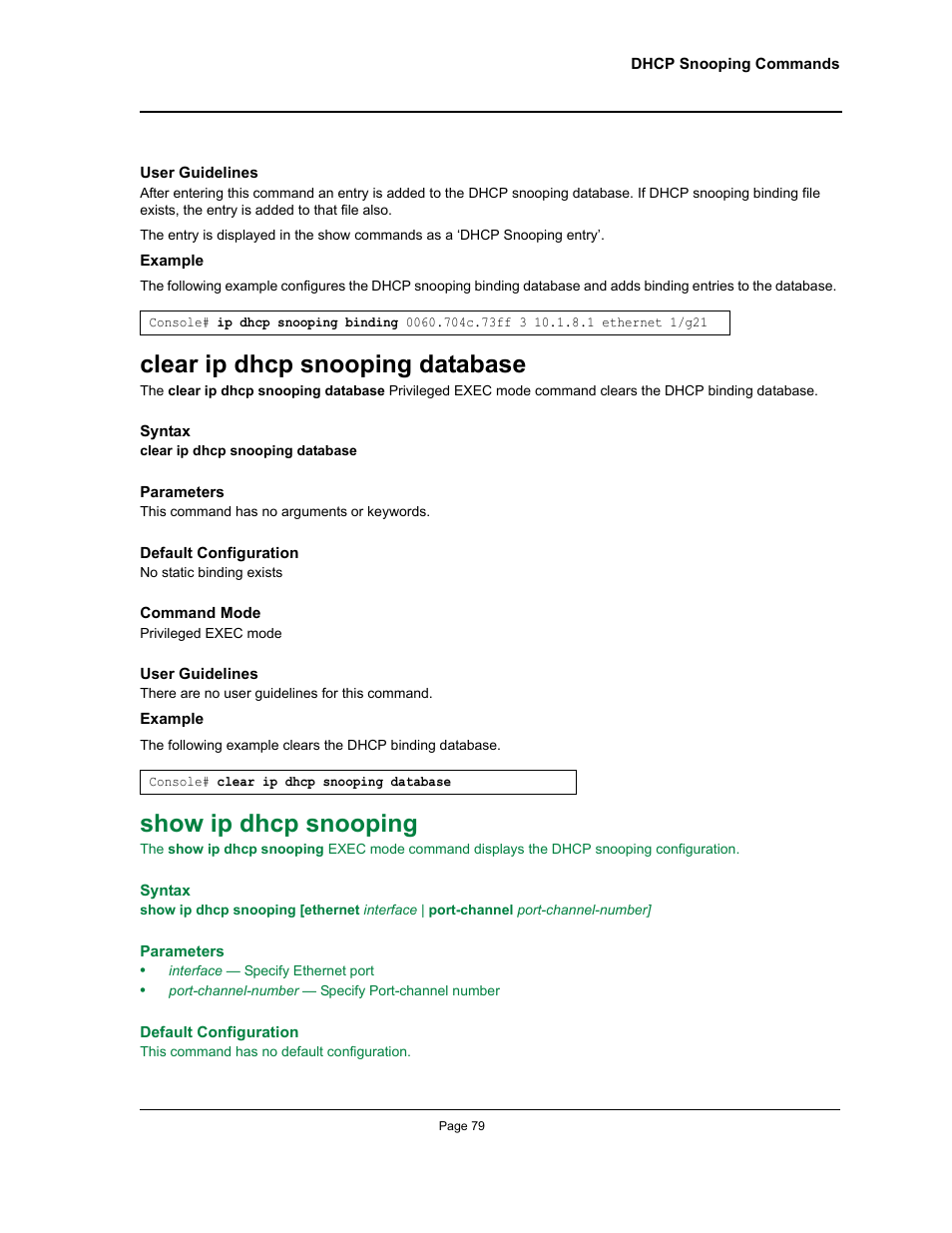 Clear ip dhcp snooping database, Show ip dhcp snooping | Allied Telesis AT-S95 CLI User Manual | Page 91 / 348