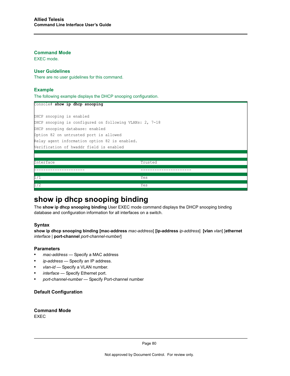 Show ip dhcp snooping binding | Allied Telesis AT-S95 CLI User Manual | Page 92 / 348