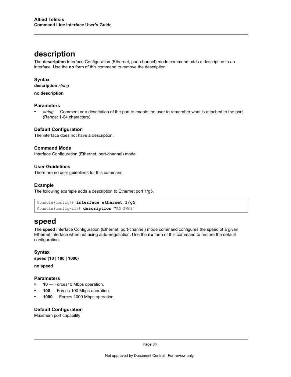 Description, Speed, Description speed | Allied Telesis AT-S95 CLI User Manual | Page 96 / 348