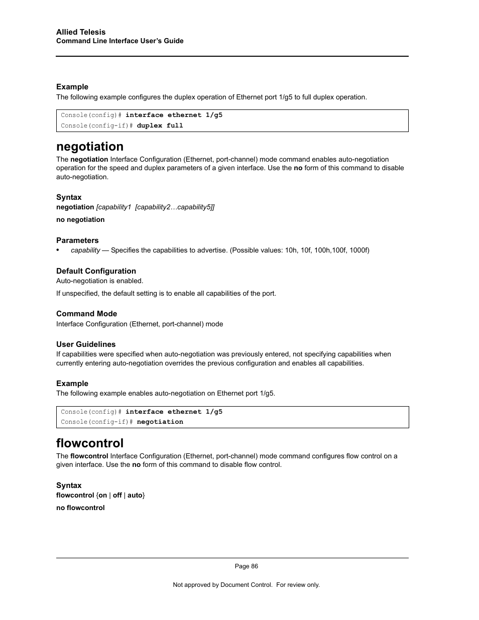 Negotiation, Flowcontrol, Negotiation flowcontrol | Allied Telesis AT-S95 CLI User Manual | Page 98 / 348