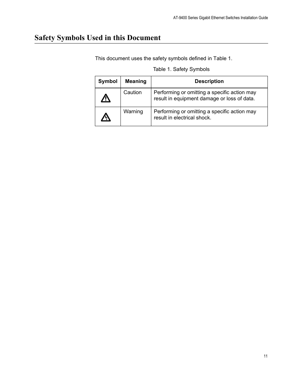 Safety symbols used in this document | Allied Telesis AT-9448Ts/XP (Basic Layer 3) User Manual | Page 11 / 84