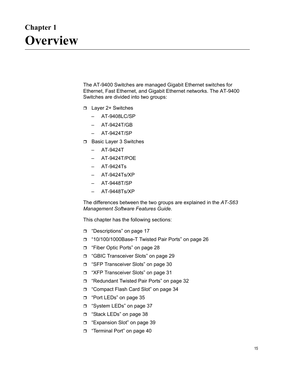 Chapter 1, Overview | Allied Telesis AT-9448Ts/XP (Basic Layer 3) User Manual | Page 15 / 84