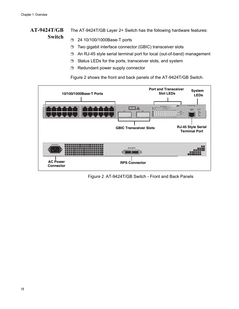 At9424t/gb switch, At-9424t/gb switch, Figure 2 | At-9424t/gb switch - front and back panels, Chapter 1: overview 18, D/c l/a | Allied Telesis AT-9448Ts/XP (Basic Layer 3) User Manual | Page 18 / 84