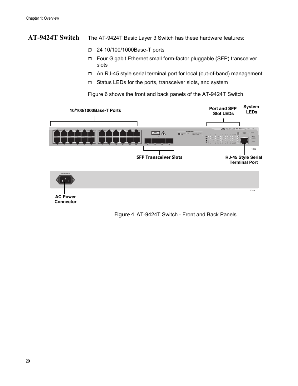 At9424t switch, At-9424t switch, Figure 4 | At-9424t switch - front and back panels, Sfp transceiver slots, Chapter 1: overview 20 | Allied Telesis AT-9448Ts/XP (Basic Layer 3) User Manual | Page 20 / 84