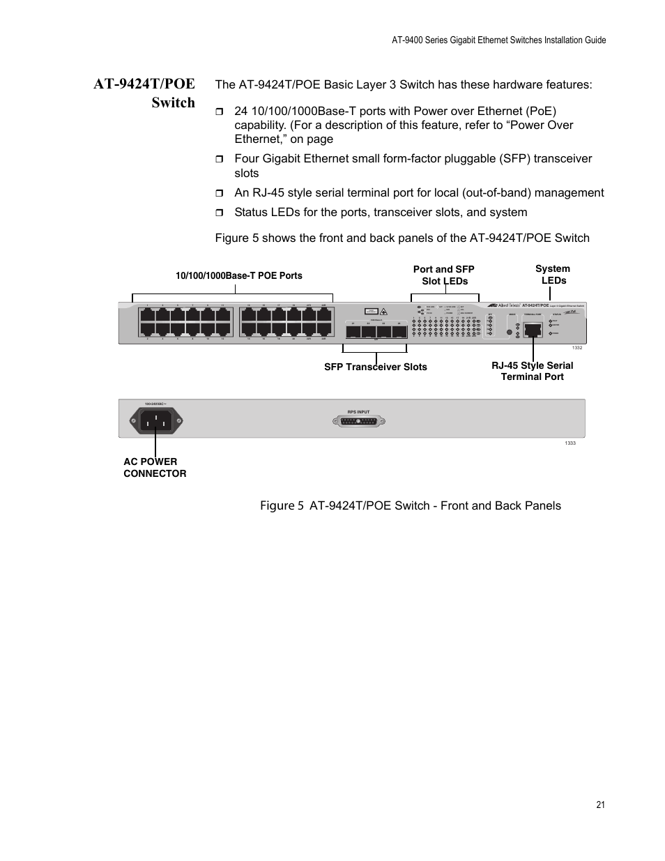 At9424t/poe switch, At-9424t/poe switch, Figure 5 | At-9424t/poe switch - front and back panels, Class 1 laser product | Allied Telesis AT-9448Ts/XP (Basic Layer 3) User Manual | Page 21 / 84