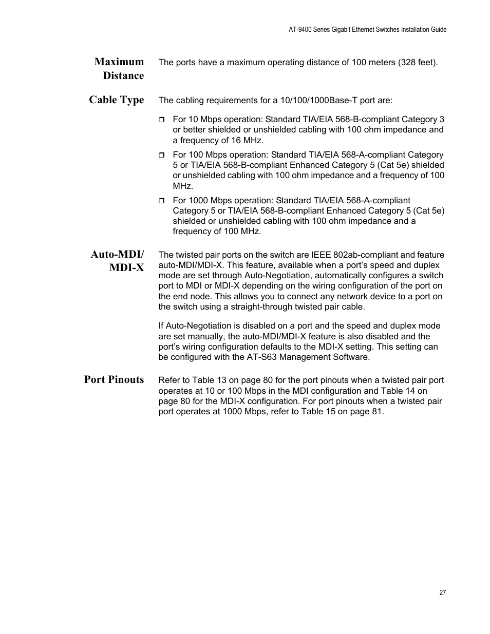 Maximum distance, Cable type, Auto-mdi/ mdix | Port pinouts, Auto-mdi/ mdi-x | Allied Telesis AT-9448Ts/XP (Basic Layer 3) User Manual | Page 27 / 84