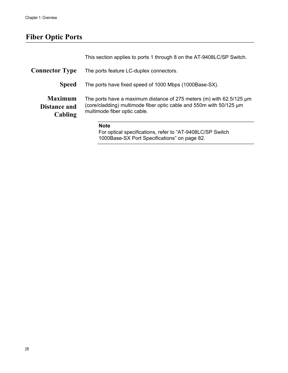 Fiber optic ports, Connector type, Speed | Maximum distance and cabling, Connector type speed maximum distance and cabling | Allied Telesis AT-9448Ts/XP (Basic Layer 3) User Manual | Page 28 / 84