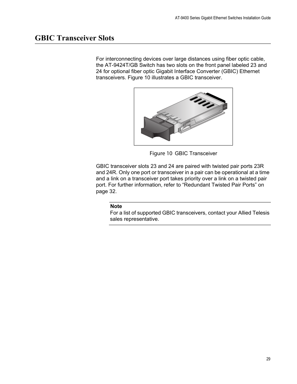 Gbic transceiver slots | Allied Telesis AT-9448Ts/XP (Basic Layer 3) User Manual | Page 29 / 84