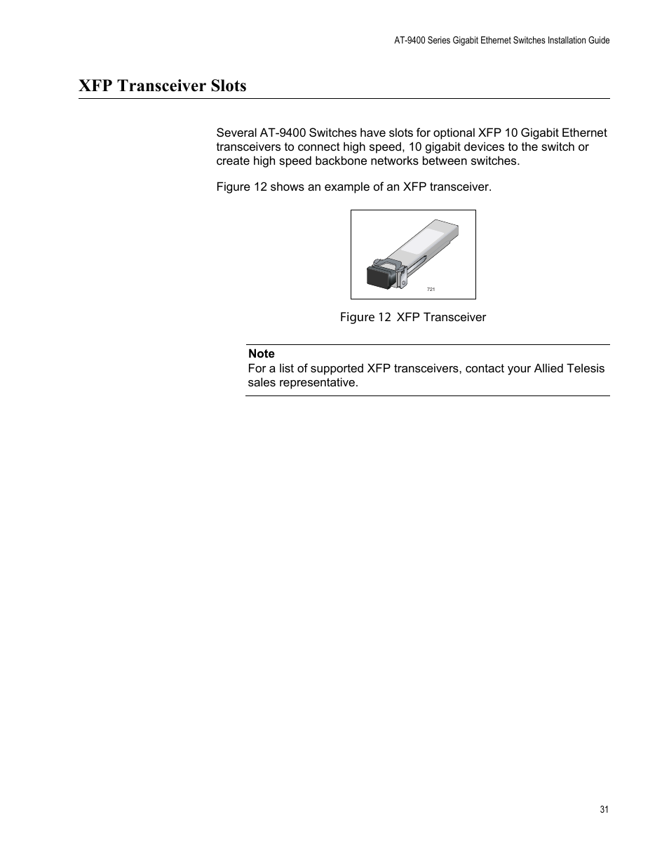 Xfp transceiver slots | Allied Telesis AT-9448Ts/XP (Basic Layer 3) User Manual | Page 31 / 84