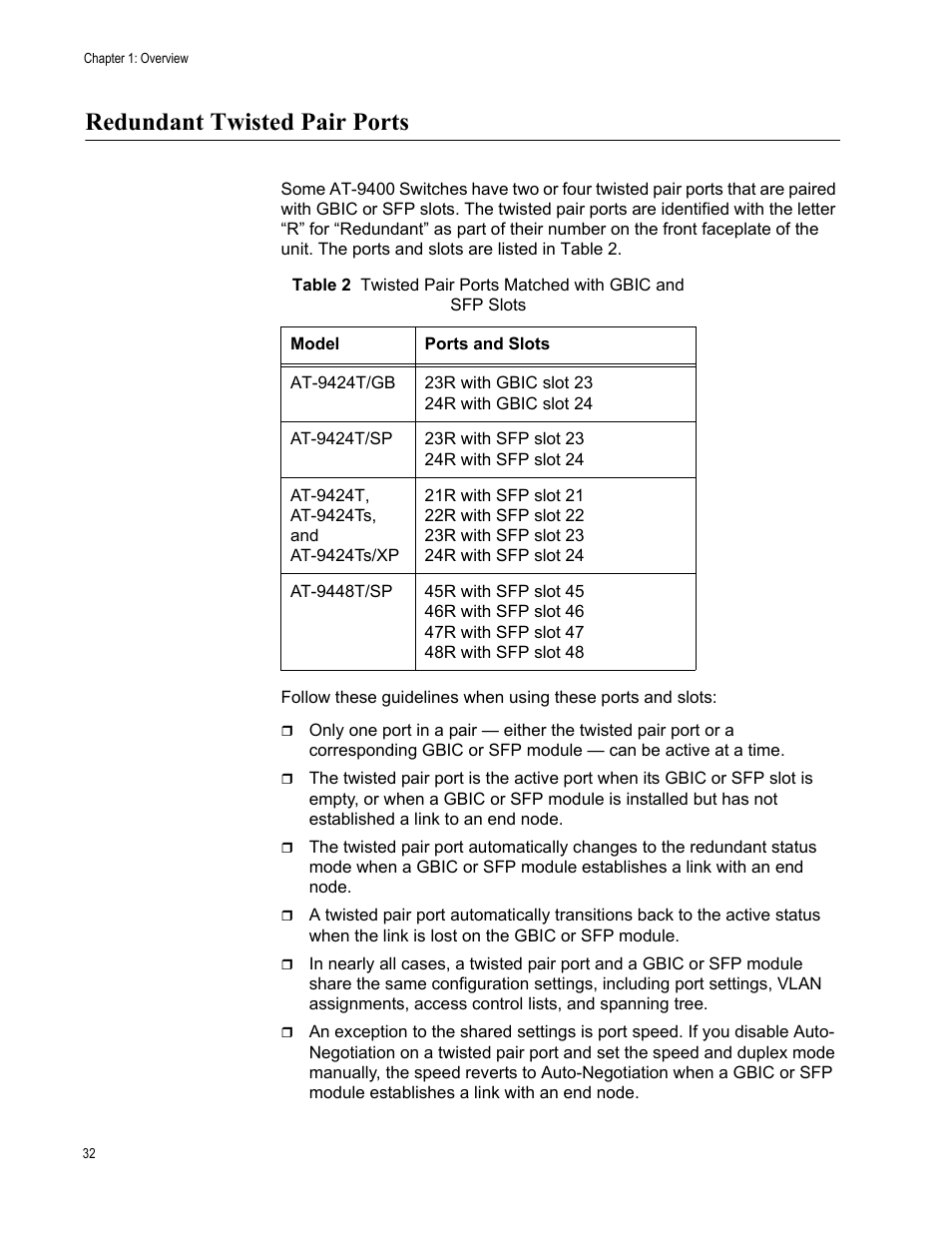Redundant twisted pair ports | Allied Telesis AT-9448Ts/XP (Basic Layer 3) User Manual | Page 32 / 84